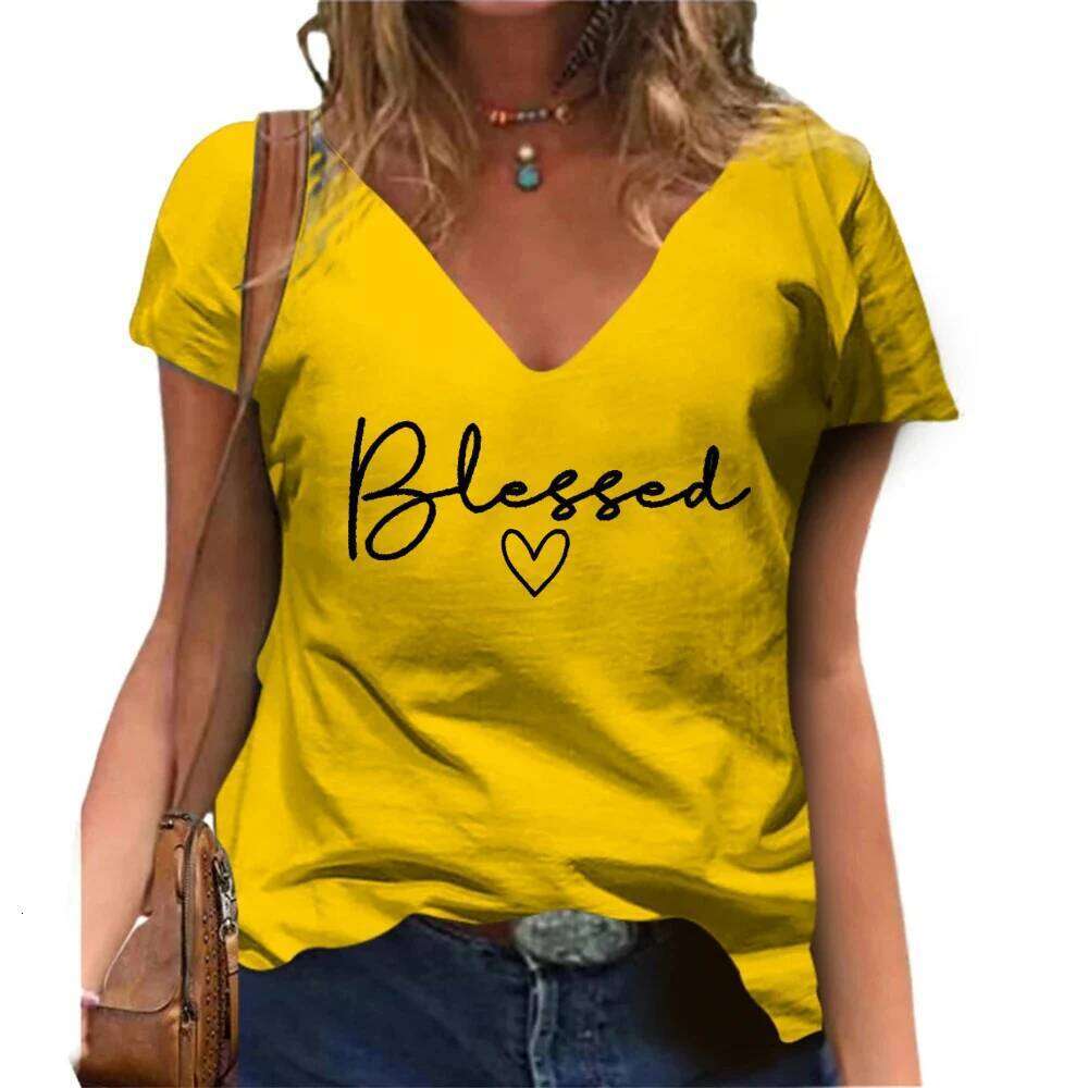 Blessed printed V-neck T-shirt casual short sleeved Women Fashion Streetwear Oversized V-Neck Z260314