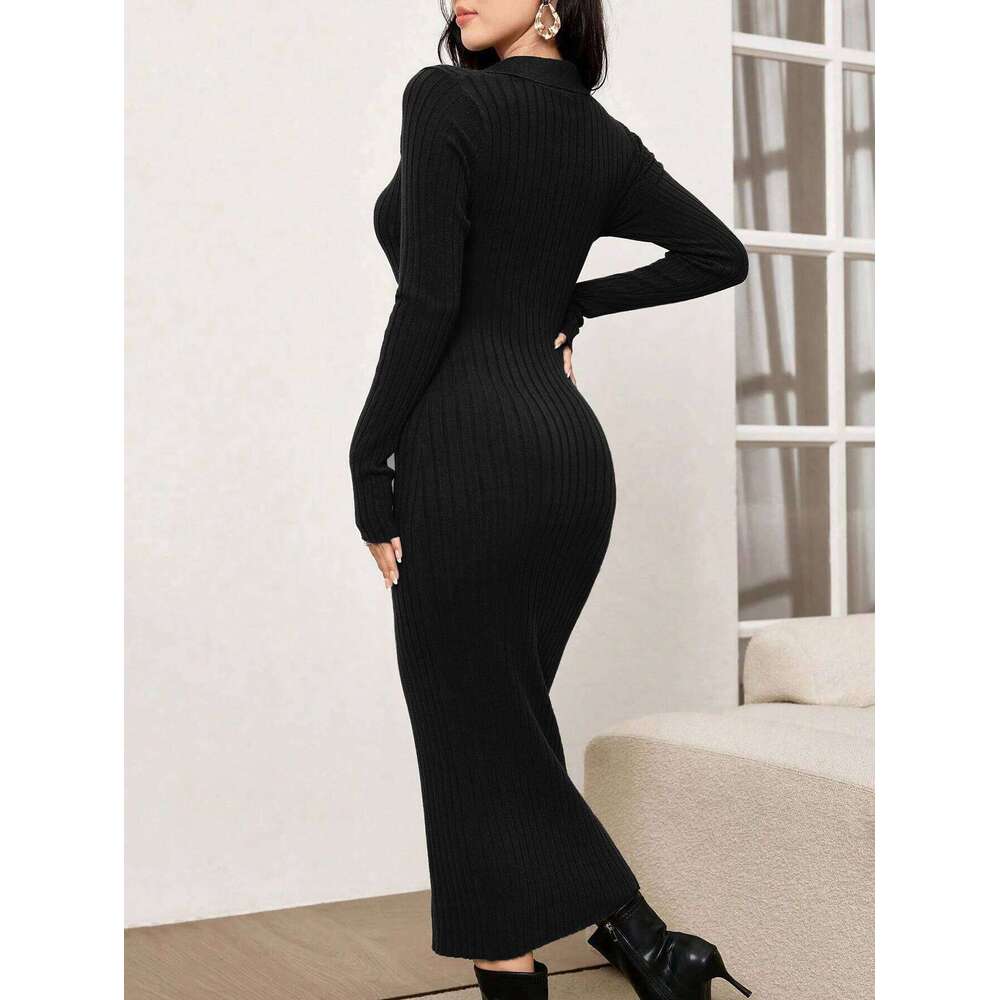 Elegant long-sleeved black knit with turn-down collar; a slim-fitting sweater dress for spring and autumn Z260313