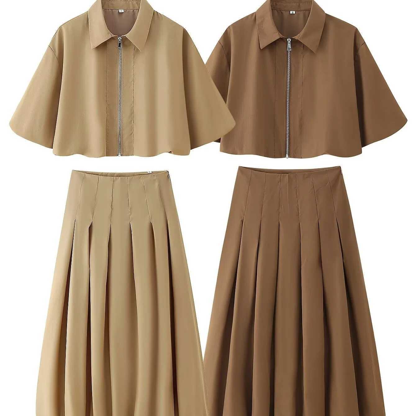 Womens Autumn New Short Zipper Jacket Short Sleeved Top High Waisted Pleated Lantern Flower Bud Half Skirt Set M260313