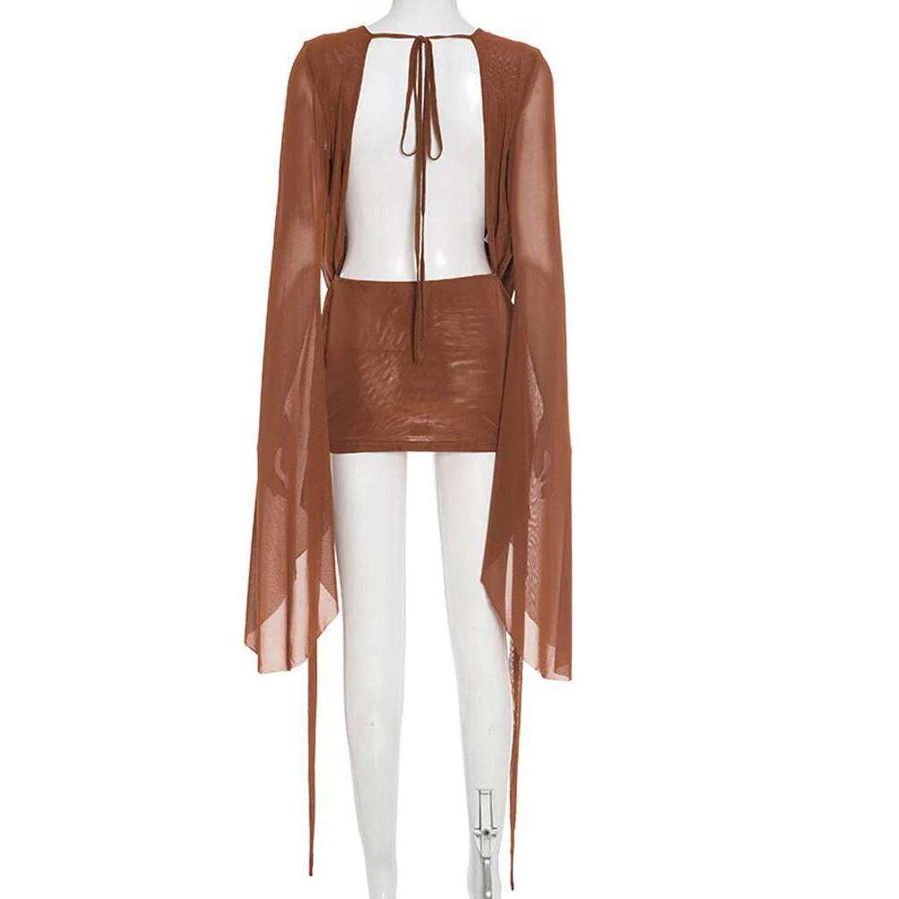 Beyprern Elegant Flare Sleeve V Neck Ruched Sheer Mesh Short Pink Holiday Outfits Beach Cover-Up Dress Night Out Vestidos