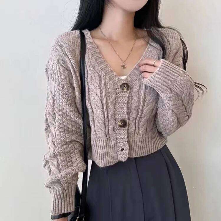 Cable Knit Cardigan for Women Long Sleeve Button-up Boxy-fit Crop Sweater Jacket Teen-girl Fall Winter Y2K Outfit Z260313