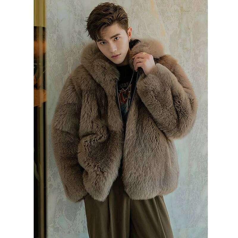 Men Faux Fox Coat Hooded Jacket Thick Long Sleeve Warm Fur Outerwear Zipper Solid Spliced 2025 Winter Casual jacket Z260313