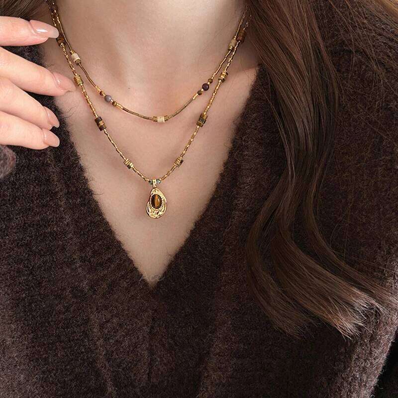 Mirad Retro Style Tiger Eye Stone Geometric Heterosexual Pendant Necklace Women's Sexy Clavicle Chain Trendy Jewelry Accessories H260312