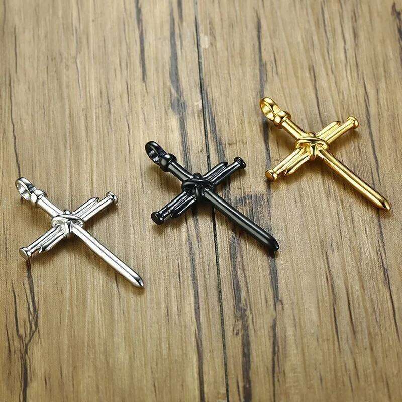 Nail Cross Pendant Necklace For Men Hip Hop Punk Style Silver Color Stainless Steel Chain Christian Church Baptism Party Jewelry H260312