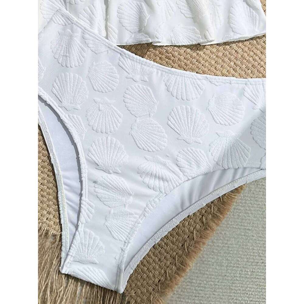 2026 Ruffle Tankini Two Pieces Solid Swimsuit Women Shell White Swimwear Female Bathers Bathing Swimming Swim Suit Beachwear 26H0313