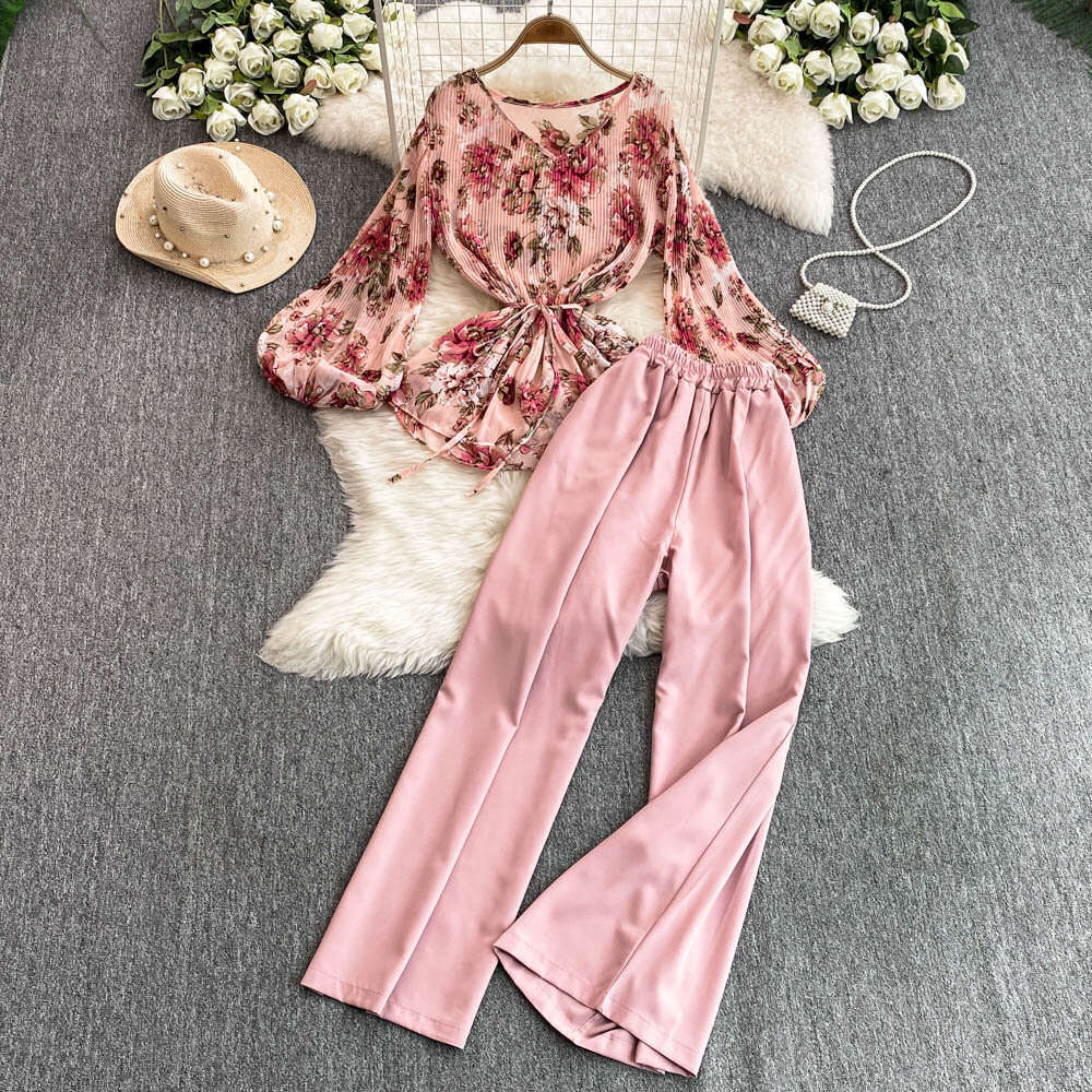 Designer ladies elegant mature style two-piece loose waistband A12 flower pleated shirt high waist wide leg straight leg suit pants