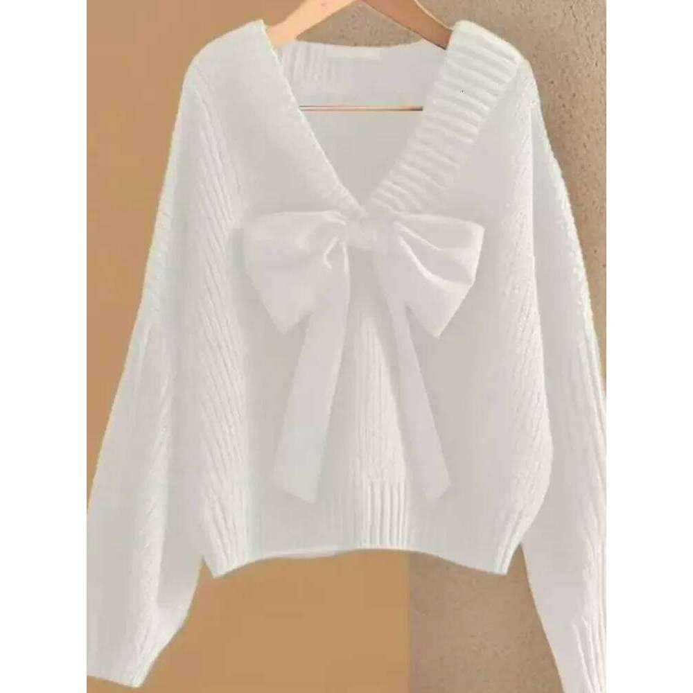 Bow Fashion Korean Knitted Sweater Women's Casual Baggy Long Sleeved V-neck Jumpers Soft Loose Warm Knitwear Pullovers Z260314
