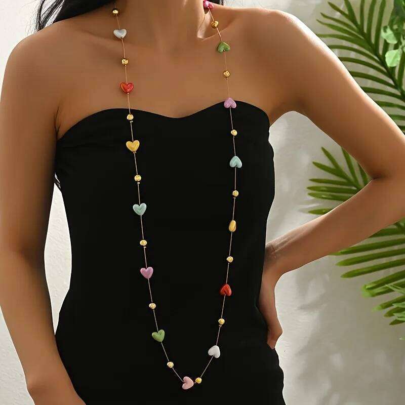 Bohemian Long Multilayer Heart Necklace for Women Colorful Candy Like Hearts with Golden Accents H260312