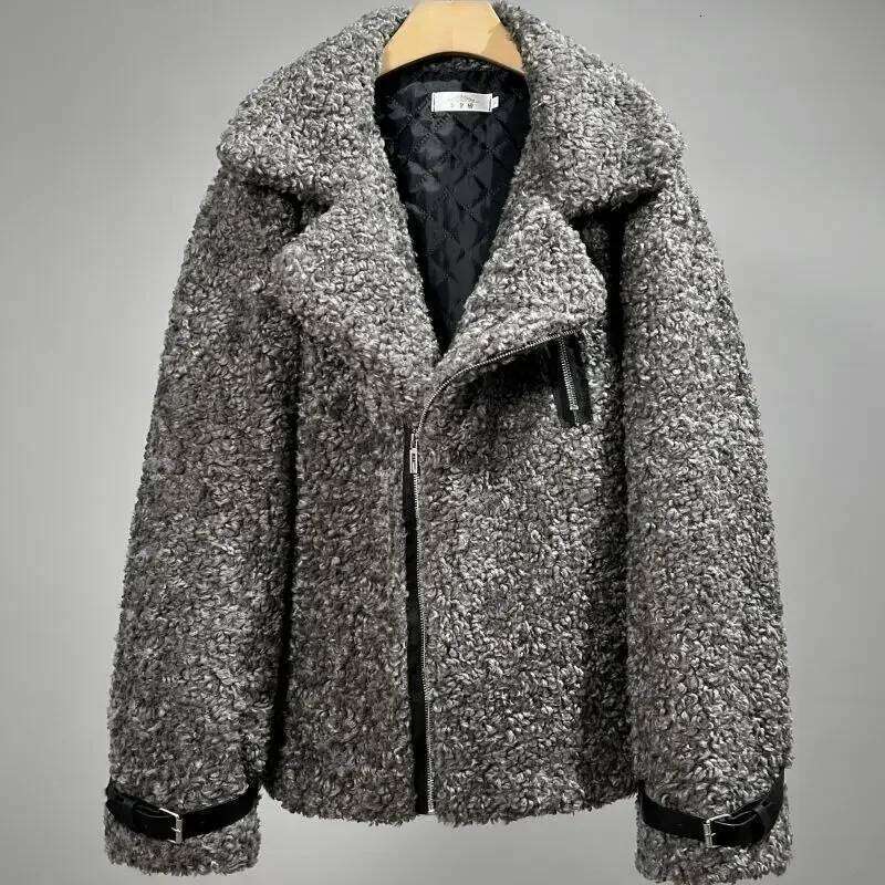 Lambswool Men's Large Lapel Collar Winter Biker Jacket Fur Thick Faux Shearling Coat Loose Vintage Warm JJ1022 Z260313