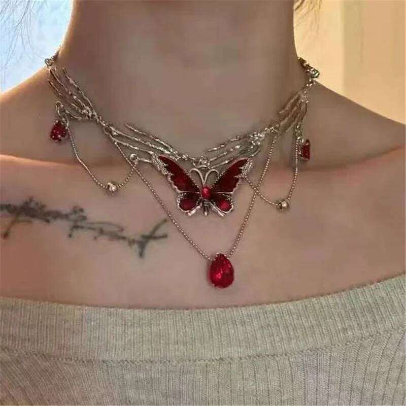 Gothic Y2K Red Butterfly Star Heart Cross Pendant Ghost Claw Choker Charms Necklaces Women Aesthetic Accessories Grunge Jewelry H260312