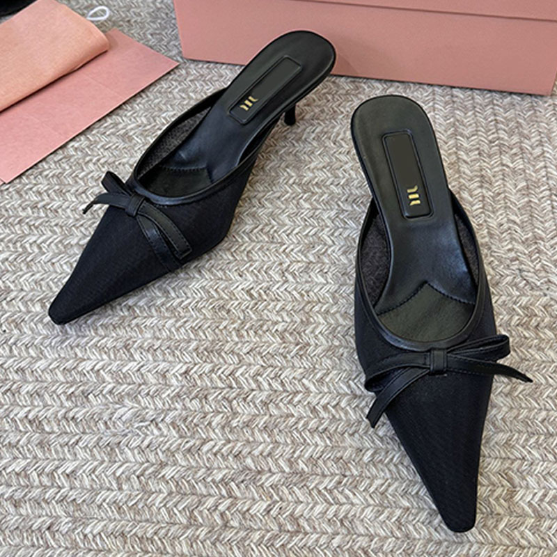 Fashion lady Bowtie pointed high heels luxury brand Mesh fabric heeled mules Sexy ladies black Leather sole Kitten Heel mules miss Pointed Mules