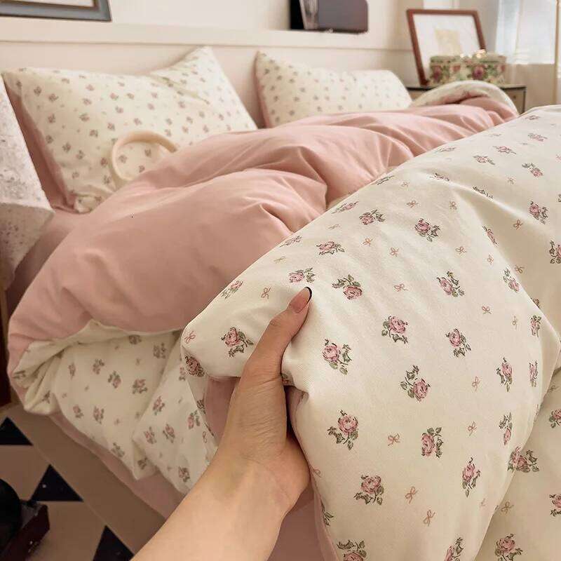 Ins Pink Flowers Set Flat Sheet Duvet Cover Twin Full Queen Nordic Bed Linen Boy Girl Bedding Sets Floral Princess H260312 - view 3
