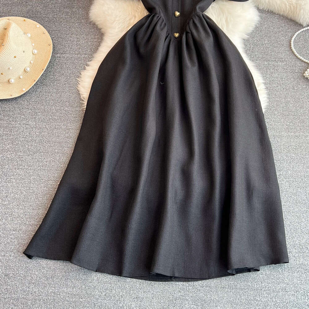 Black Hepburn style long skirt, summer style retro elegant A14 fluffy short sleeved round neck waist slimming A-line skirt