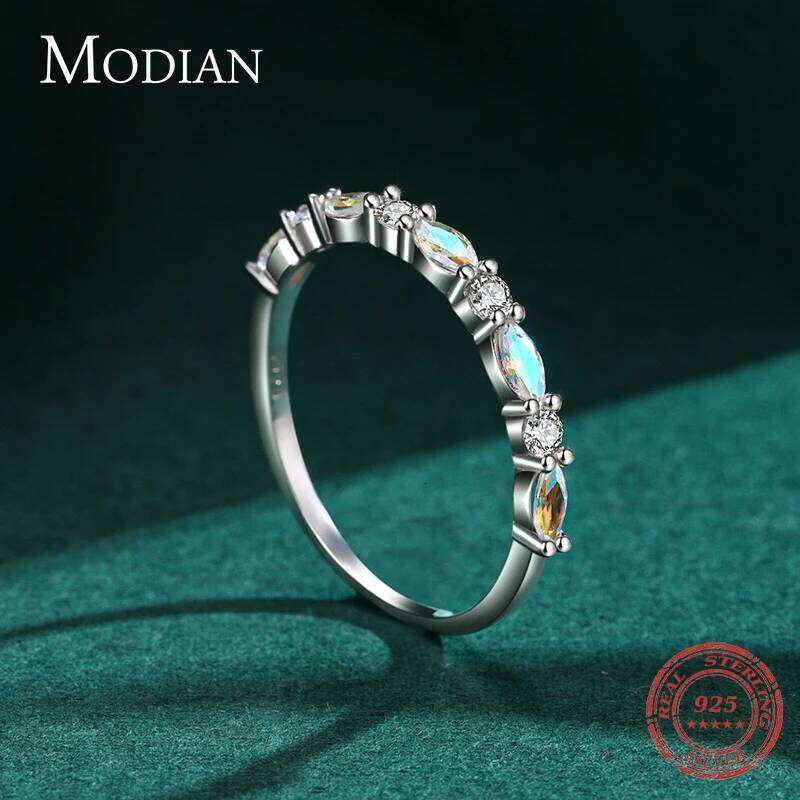 MODIAN New 925 Sterling Silver Shiny Moonstone Stackable Rings Simple Charm Finger Ring for Women Minimalist Female Fine Jewelry H260312