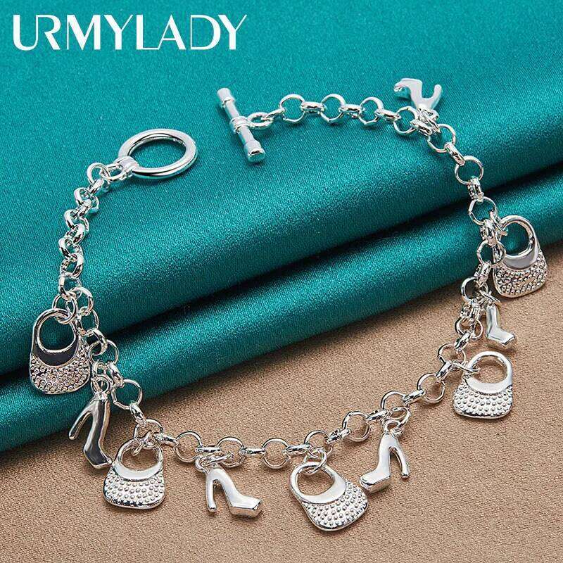 URMYLADY 925 Sterling Silver handbag High Heels Pendant Bracelets For Women Wedding Party Fashion Jewelry Z260313