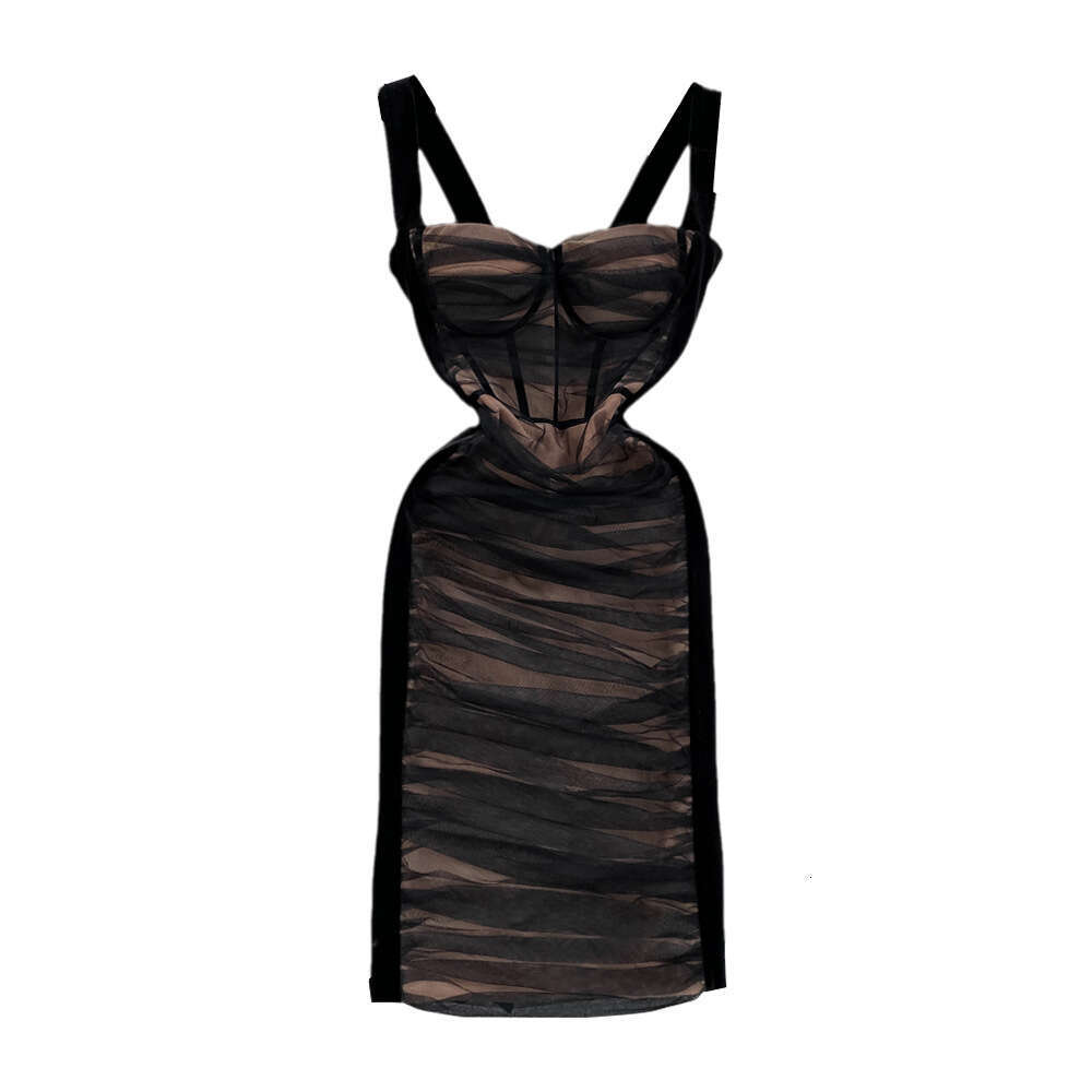 Cross-border hot girl style strapless dress, summer A15 fashion mesh pleated elastic slim-fit bodycon dress