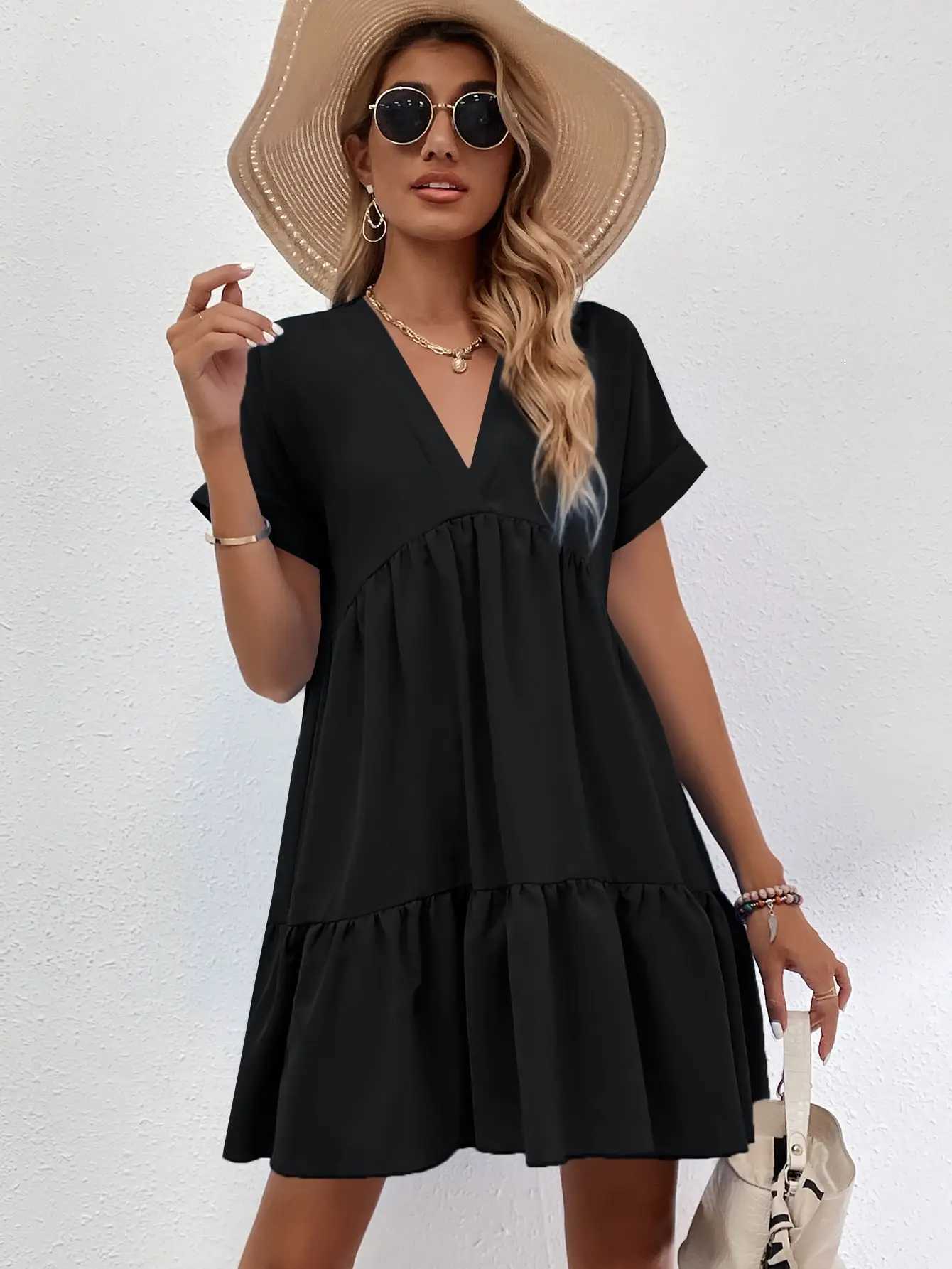 Fashionable womens black V-neck dress satin fabric rolled short sleeves multi-layer ruffled hem casual everyday wearT260314