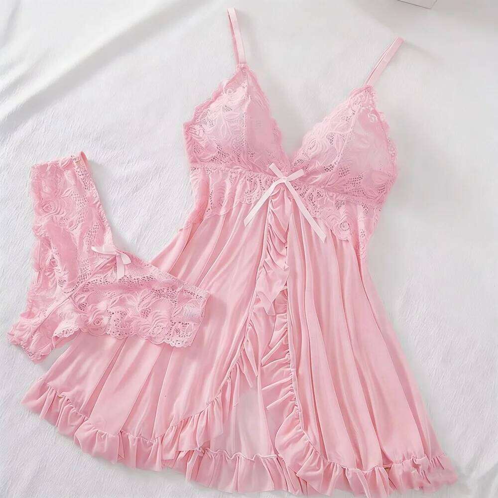 Lingerie Set Women Erotic Bra Nightdress Sexy Lace Solid Slim Soft V Neck Full Slip Sleepwear & Dresses