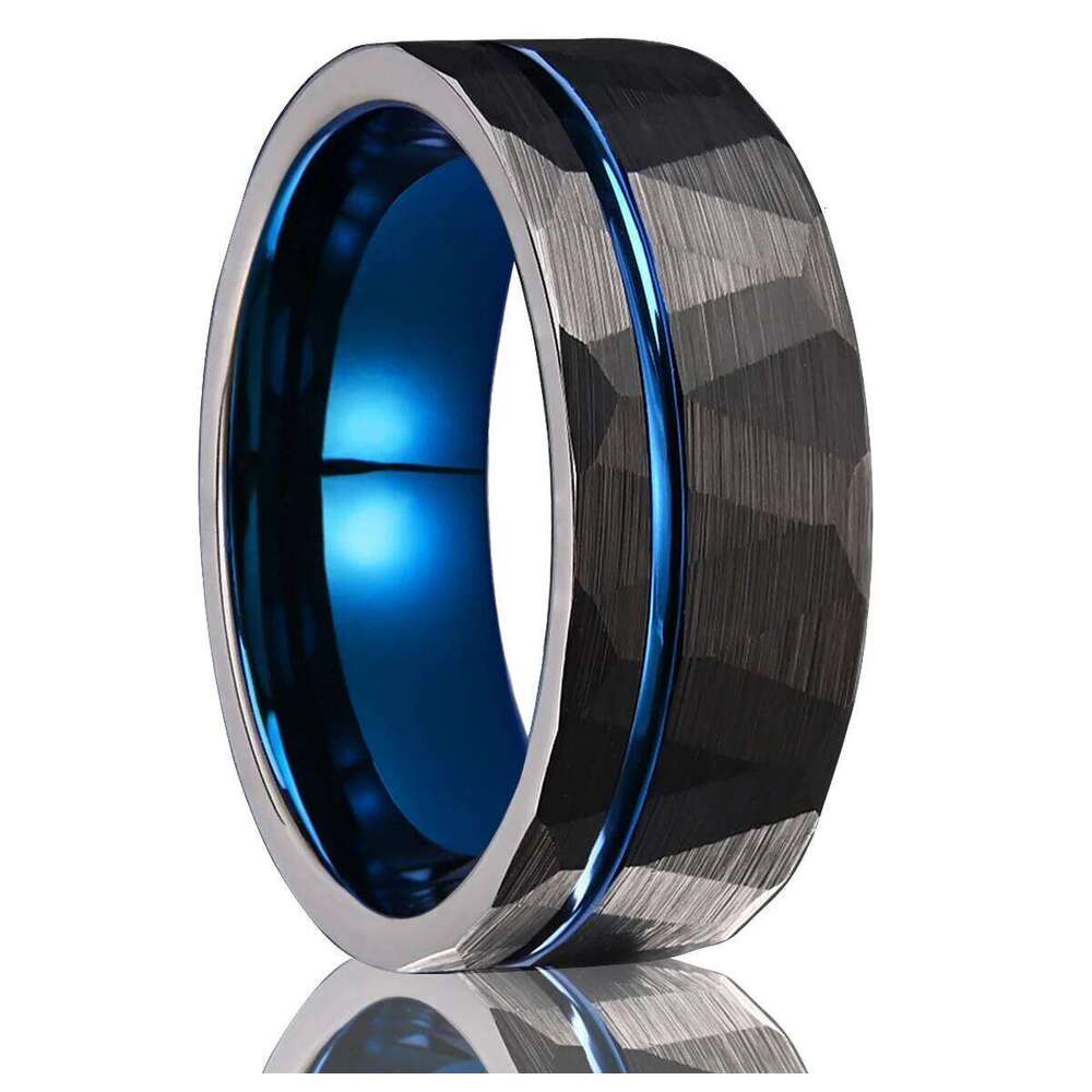 8mm black hammered tungsten steel blue men's wedding ring, fashionable and simple style comfort fit daily gathering H260312