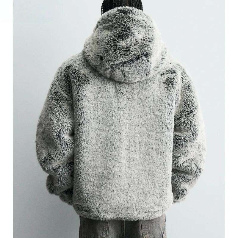 2025 Winter New Imitation Fur Men's Long Sleeve American Thick Hooded Plush Warm Jacket Loose Casual Trendy Fashion Top Z260313