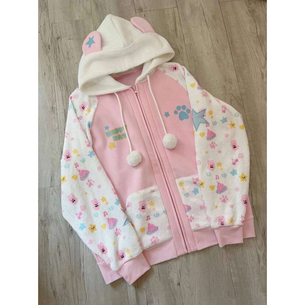 Harajuku Coats with Hoodies Women Japanese Sweet Lolita Sweatshirts Kawaii Cartoon Print Y2k Overcoat Fashion Clothes Top Z260314