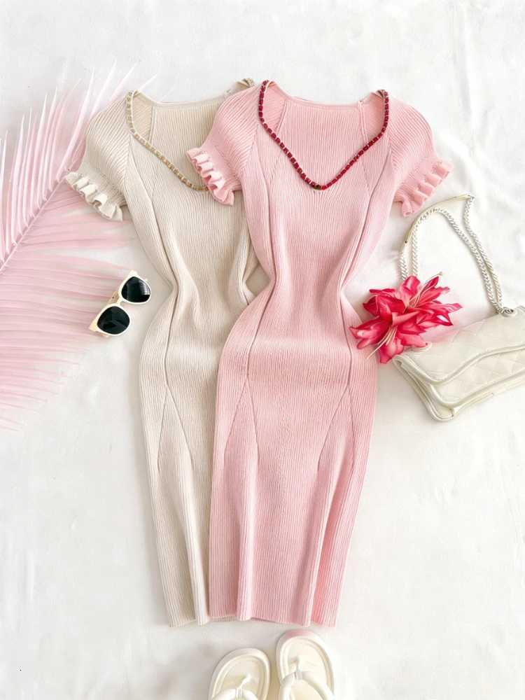 Pink Ruffle Solid Mini Dress Womens Short Sleeve V-Neck Contrast Sundress Elastic Ribbed Knit Bodycon Sexy Party Dress OutfitsT260314