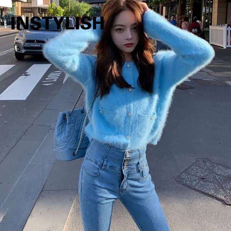 Elegant Cashmere Cropped Cardigan Knitted Sweater Coat Women Korean Harajuku Button Up Slim Cardigans Streetwear 2022 New Z260313