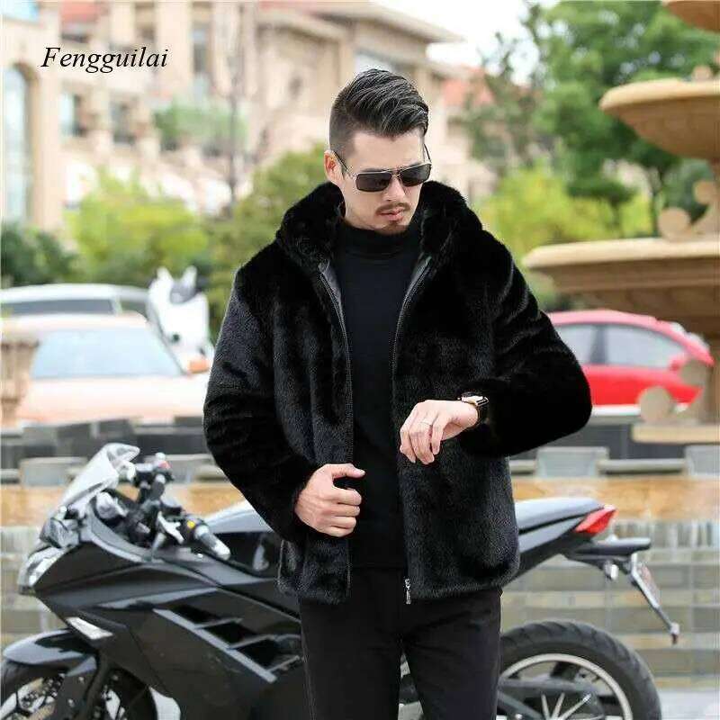 New Winter Imitation Mink Coats Men Thick Turn Down Collar/hooded Faux Fur Jacket Male Black Overcoat Z260313