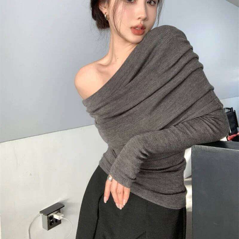 Pullovers Women Off-shoulder Korean Fashion Slim Fit Sexy Spicy Girls Streetwear Knitted Slash Neck Sweaters Pleated Inner Chic Z260313