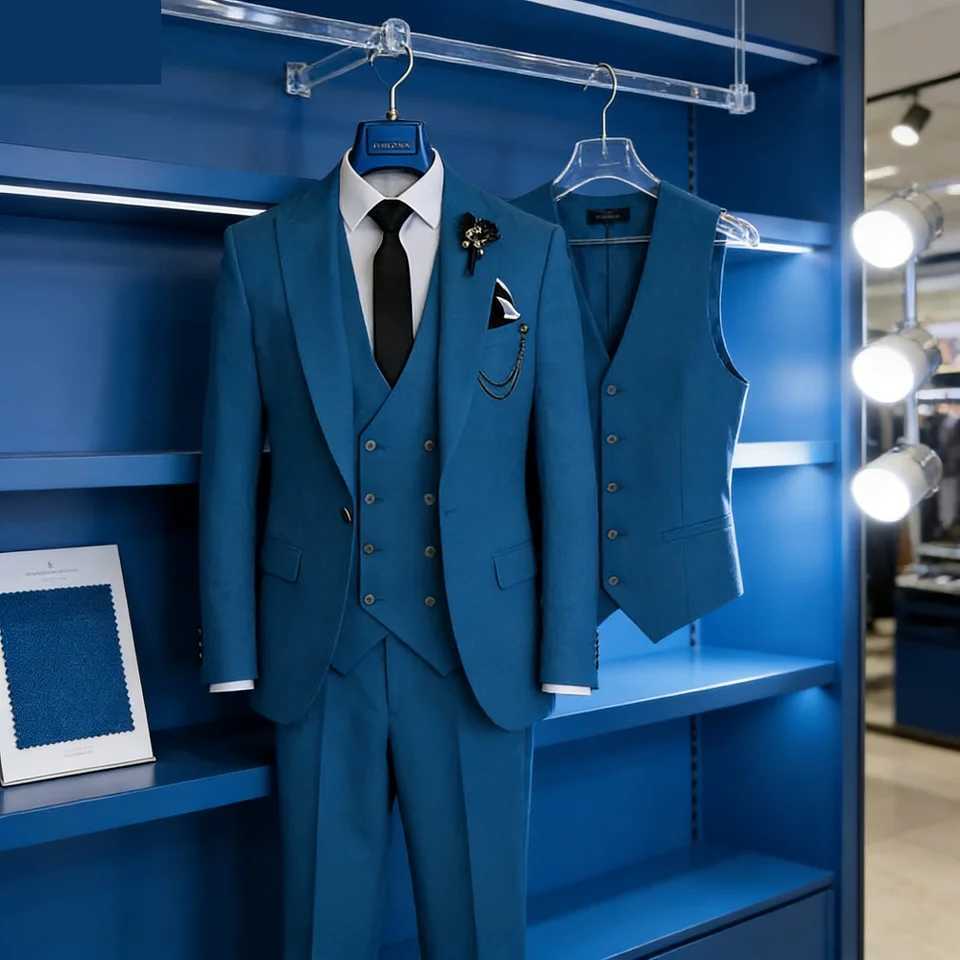 Mens 3 Piece Slim Fit Wedding Tuxedo Suits Peak Lapel Formal Party Groomsmen Suit Set with Blazer Vest Pants M260313