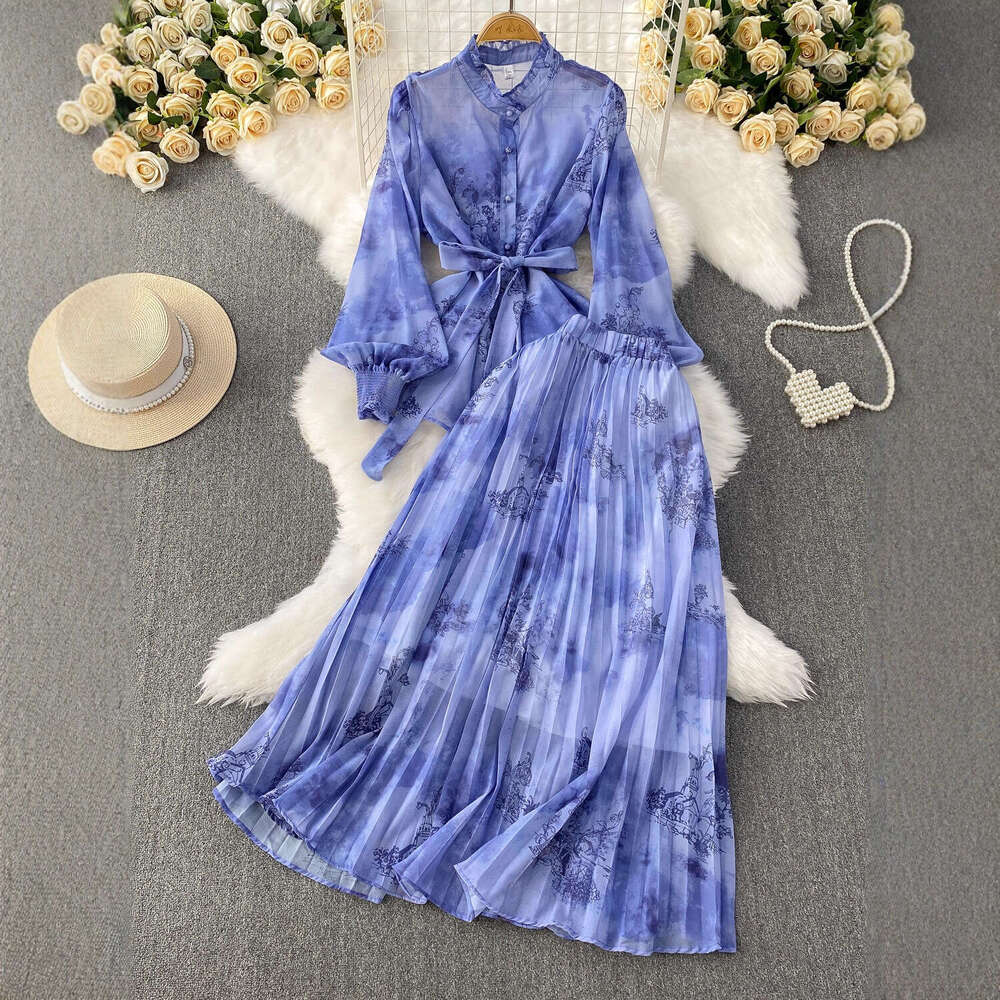 2026 Designer's New Chinese a20 Printed Elegant Stand up Collar Lantern Sleeve Women's Shirt Summer Slimming Top Skirt Set