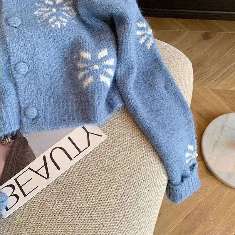 Korean Style Sweet Blue Crocheted Peter Pan Collar Cropped Sweater Cardigan Women's Autumn 2024 New Long-sleeved Top Z260314