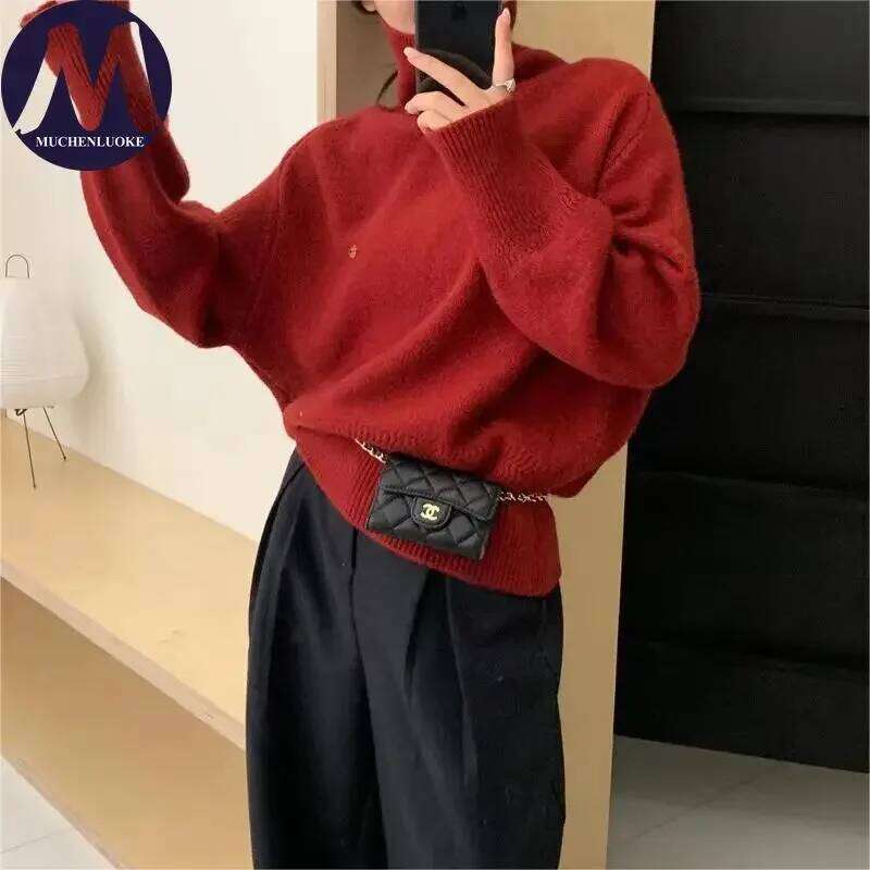 Women's Autumn Winter High Neck Long Sleeve Sweater Loose Knitted Casual Fashionable Lazy Style Top Z260313