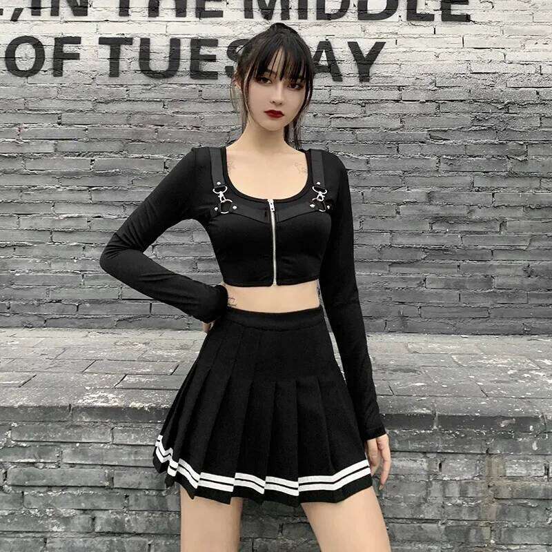 Fashion Korean Style Patchwork Harajuku Black Pleated Skirts Gothic Streetwear High Waist Mini Women Punk Skirt Z260314