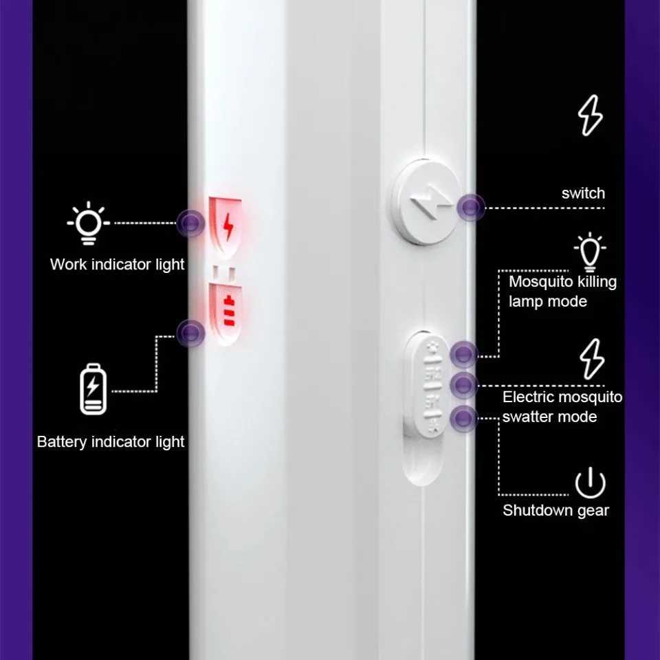 Handheld Electric Fly Swatter Bug Zapper Racket 2 in 1 USB Rechargeable Mosquito Killer Lamp Pest Control 3000V H260313