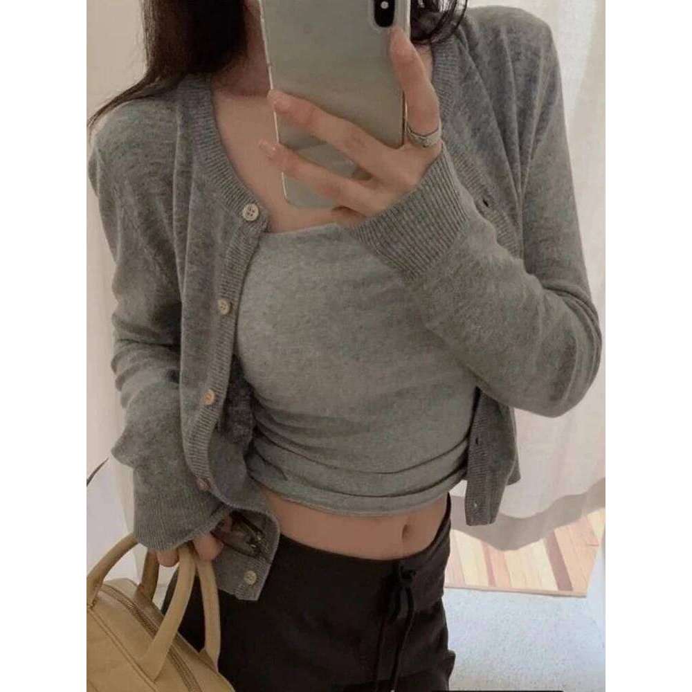 Fashion Long Sleeve O-neck Knitted Cardigan Sweater Autumn Women Elegant Slim Fit Solid Color Top Thin Casual Simple Short Coat Z260313