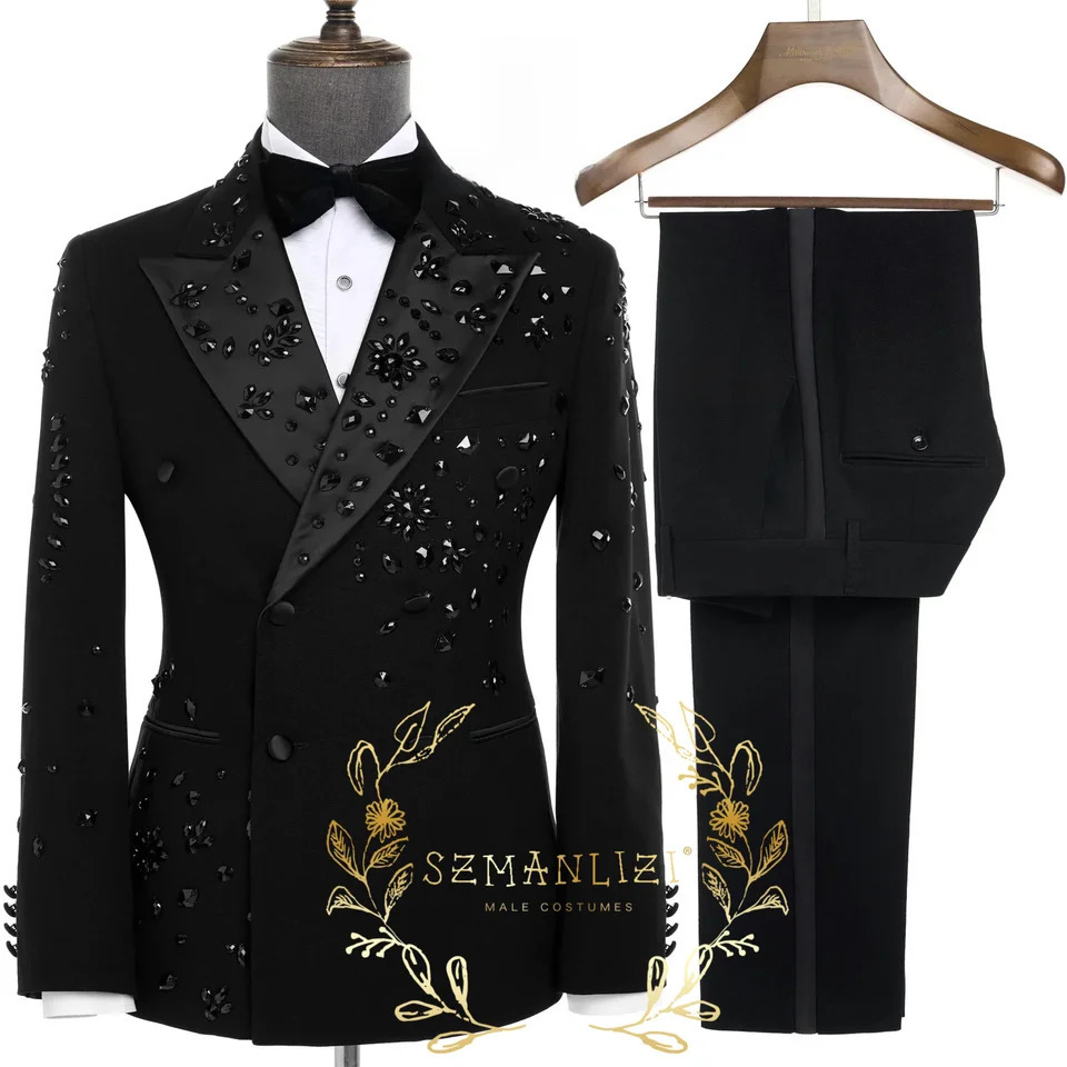 y Gold Crystal 2 Pieces Mens Suits Double Breasted Black Tuxedo Blazer for Wedding Groom Business Dinner Party 260312