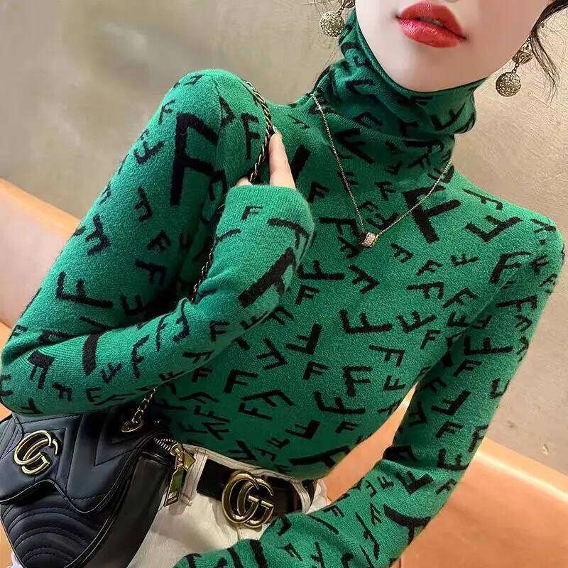 Women Clothing Elegant Fashion Letter Knit Pullover Autumn Winter Casual All-match Half High Collar Long Sleeve Sweater Slim Top Z260313