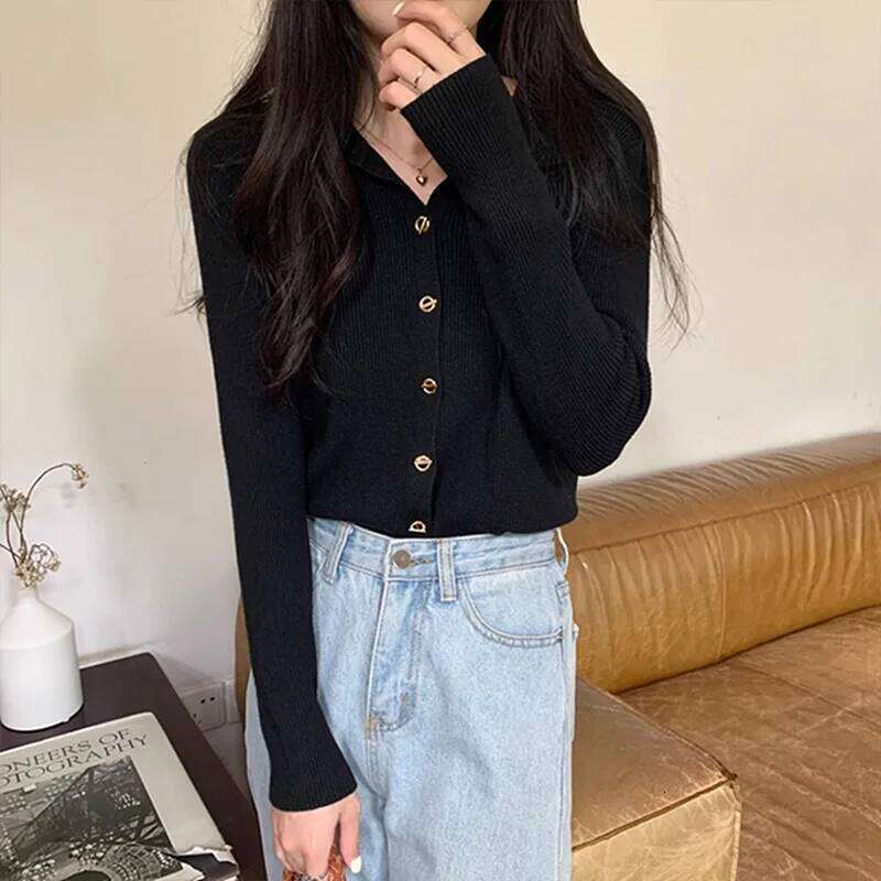 Autumn Fashion Solid Knit Cardigan Women Clothing Chic Turn-down Collar Long Sleeve Sweater All-match Elegant Button Top Z260313