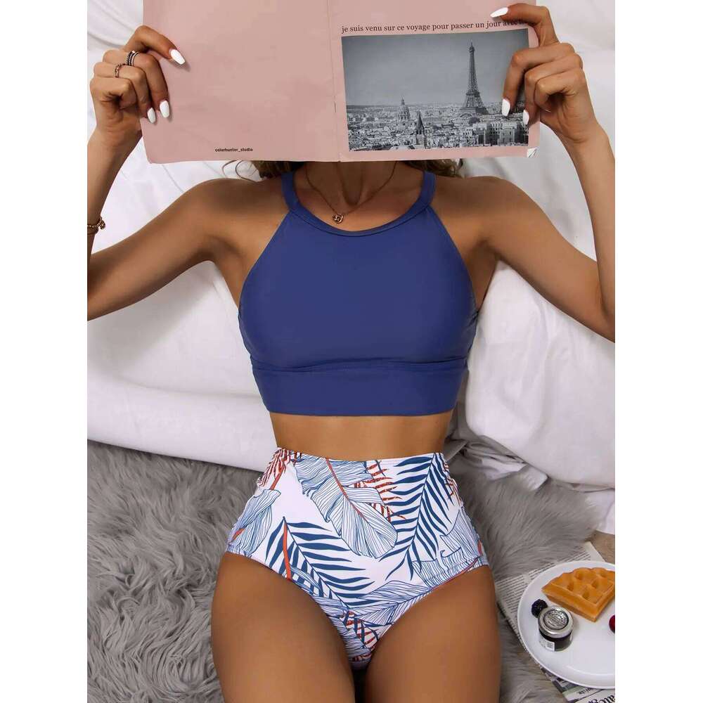 2025 Waist Bikinis Women High Neck Swimsuit Solid Printed Swimwear Female Padded Beachwear Leaves Bathing Swimming Suit Y260303