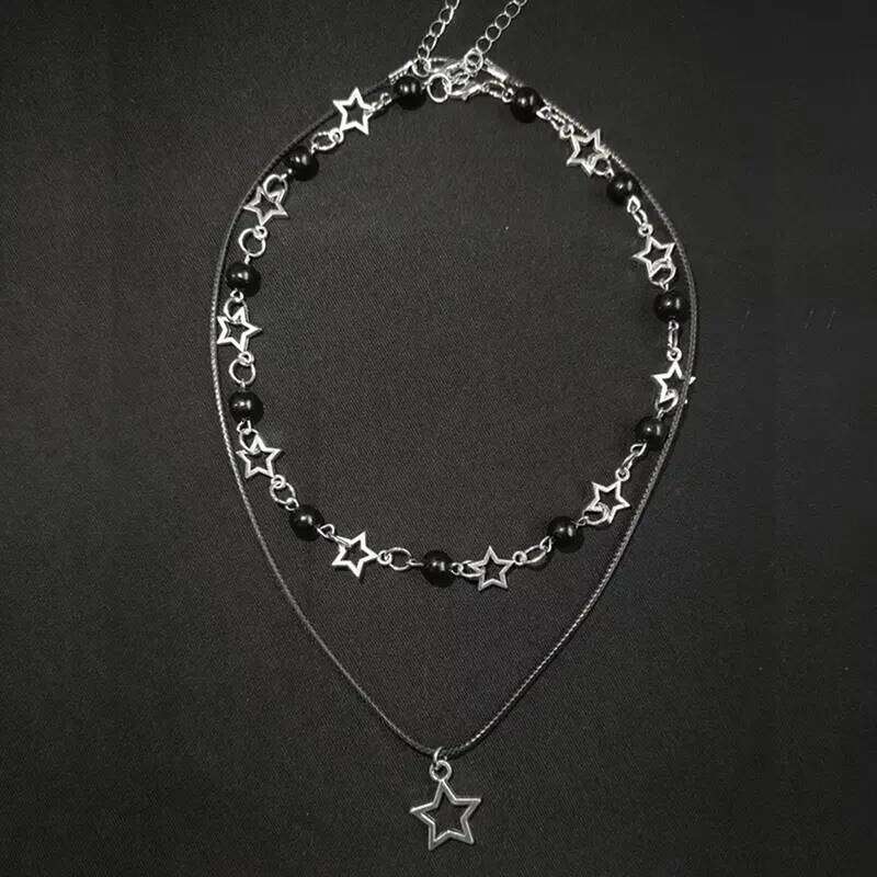 Fashion Double Layered Black Bead Star Choker Necklace Punk Pentagram Leather Rope Necklaces For Women Girls H260312