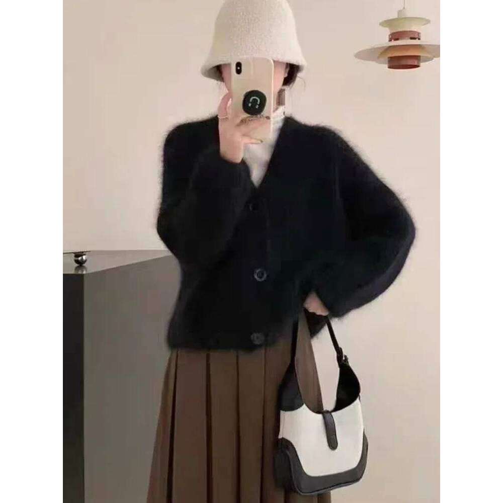 Fluffy Soft Knitted Cardigan V-neck Single Breasted Sweater Women Lazy Coat Crop Tops Design Jackets Long Sleeve Top Z260313