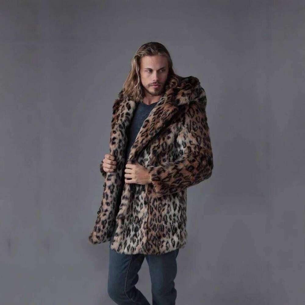 Men Faux Fur Jacket Winter Coat Thick Hooded Leopard Print Mid Length Warm Ears Overcoat Vintage Loose Casual 2025 Outerwear Z260313