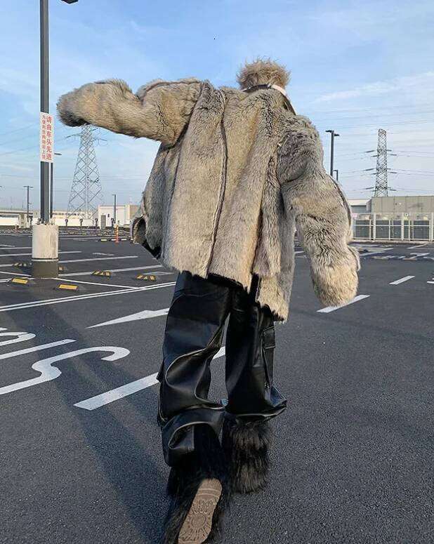 Reversible Striped Faux Fur Jacket,Fur Collar Padded Mans Coat, Y2k Winter Clothes Z260313