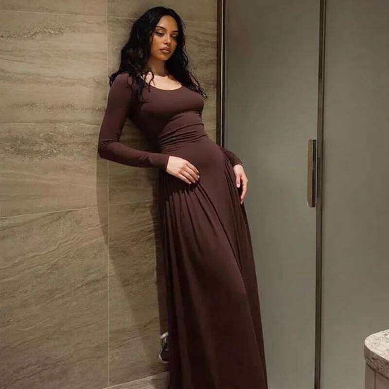 Hipster Ruched Dress Women U-NeckFull Sleeve Skinny Stretch Robe Autumn Trend Simple Classic Lace-up Pleats Long Bodycon Vestido Z260313