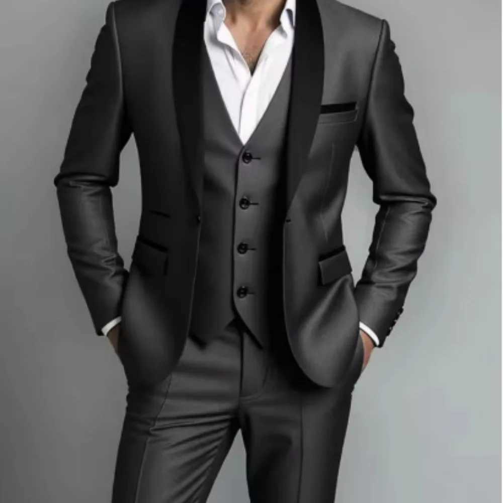 Mens Black White Slim Fit Three Piece Suit Set Large Size Autumn Wedding Party Blazer Coat Pants Vest Fashion Male Outfit M260313