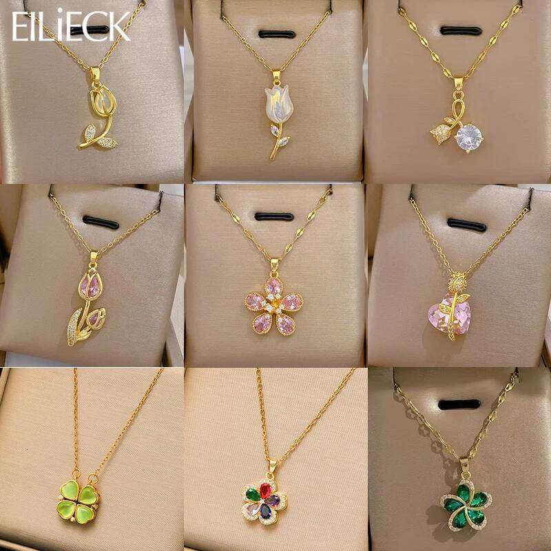 EILIECK 316L Stainless Steel Fashion Chic Cubic Zirconia Flower Pendant Necklace Tarnish Resistant Stylish Neck Chain Jewelry H260312