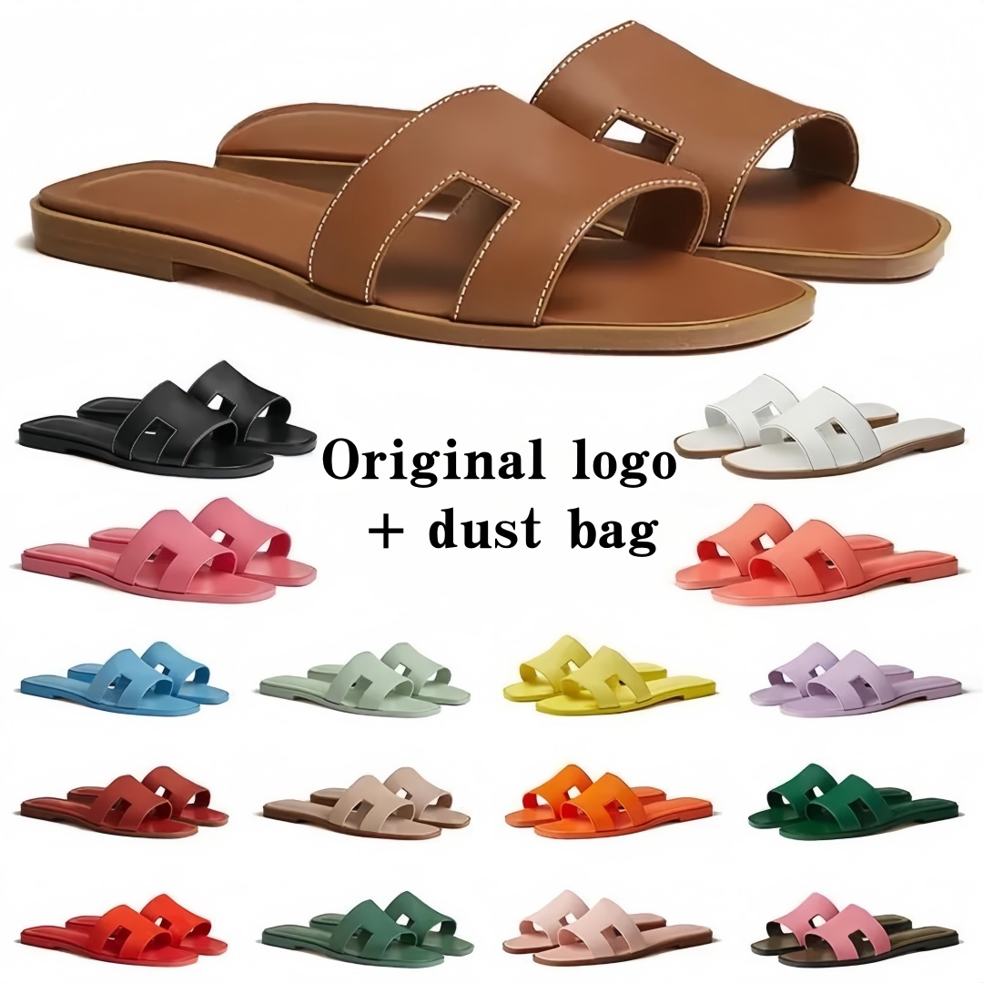 Designer leather ladies sandals summer flat shoes fashion beach women slippers letter drag