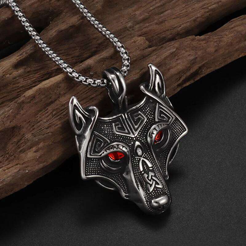 Vintage Celtic Style Red Eyes Wolf Head Pendant Necklace For Men Women Hip Hop Punk Silver Color Box Neck Chain Jewelry Gifts H260312