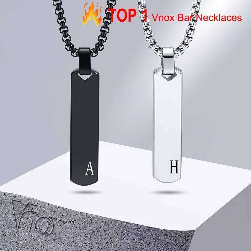 Vnox Initial Necklace Men, Thick Geometric Vertical Bar Pendant with A-Z Letters, Casual Simple Collar, Gift for Him H260312